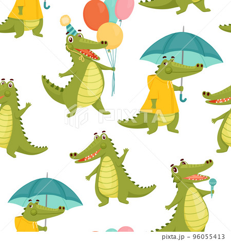 Seamless pattern for kids. Funny crocodile in cap holds balloons and laughs. Vector animal character on white background Seamless pattern for kids. Funny crocodile in cap holds balloons and laughs. Vector animal character on white background 96055413