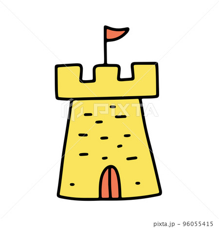 Medieval castle tower building. Hand drawn Doodle illustration isolated on white background 96055415