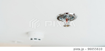 Fire Sprinkler and Smoke sensor detector mounted on roof in home or apartment. Safety and conflagration security concept 96055610