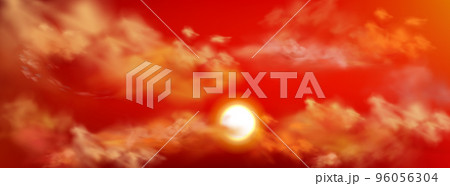Realistic sunset sky with sun and fluffy clouds 96056304