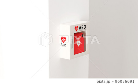 白い壁に取り付けられたAED（救命除細動器）のフォトリアルな3Dレンダリングイラスト 96056691