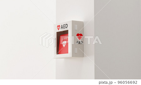 白い壁に取り付けられたAED（救命除細動器）のフォトリアルな3Dレンダリングイラスト 96056692