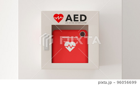 白い壁に取り付けられたAED（救命除細動器）のフォトリアルな3Dレンダリングイラスト 96056699