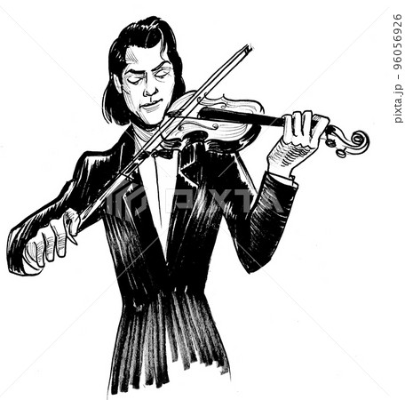 Classic musician playing violin. Ink black and white drawing 96056926