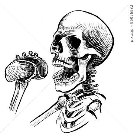 Human skeleton eating taco. Ink black and white drawing 96056932