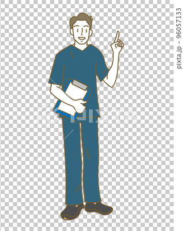 A man wearing a blue scrub explaining with a smile 96057133