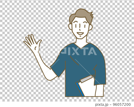 A man wearing a blue scrub who guides with a smile A man wearing a blue scrub who guides with a smile 96057200
