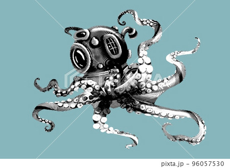 octopus engraving in an underwater helmet. Realistic octopus illustration. octopus engraving in an underwater helmet. Realistic octopus illustration. 96057530