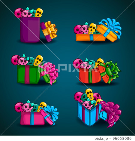 Big set with open gift box with vector different skulls 96058086