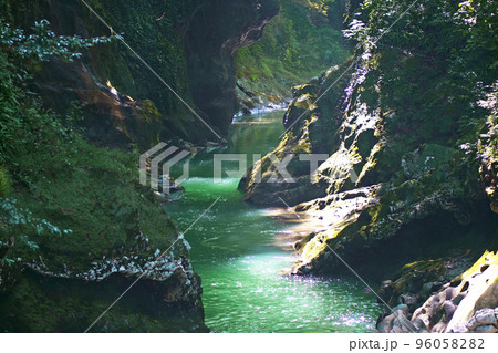 Martvili canyon in Georgia. Beautiful natural canyon and amazing waterfall of the mountain river 96058282