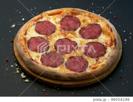 Spicy pizza with salami . Italian traditional food. Popular street food. 96058286