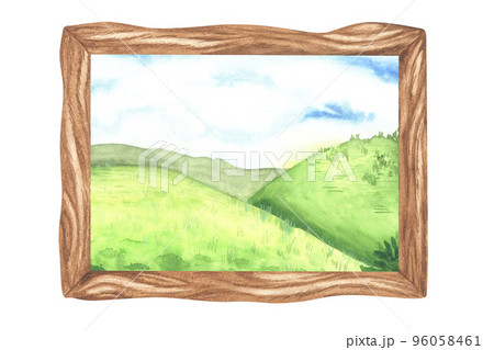 Picture in a wooden frame on which a landscape with green meadows. Green hill and blue sky. Watercolor illustration. Isolated on a white background. For your design stickers, organic products etc Picture in a wooden frame on which a landscape with green meadows. Green hill and blue sky. Watercolor illustration. Isolated on a white background. For your design stickers, organic products etc 96058461