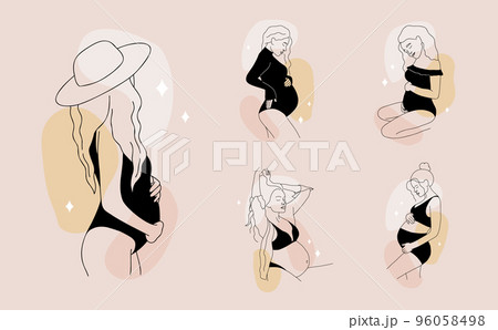 Set of minimalist pregnant women on colored spots. Outline girls in black lingerie. Pregnancy and motherhood. Hand drawn vector illustration in one line style. Perfect for logo 96058498