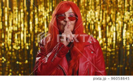 Senior woman presses index finger to lips make silence gesture sign do not tells secret shh be quiet Senior woman presses index finger to lips make silence gesture sign do not tells secret shh be quiet 96058645