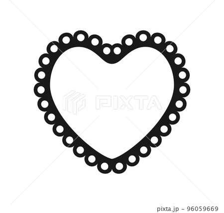 Scalloped edge heart shape. Simple heart scalloped border. Fabric laces silhouette frame. Repeat cute vintage frill ornament. Texture ribbon. Vector illustration isolated on white background 96059669