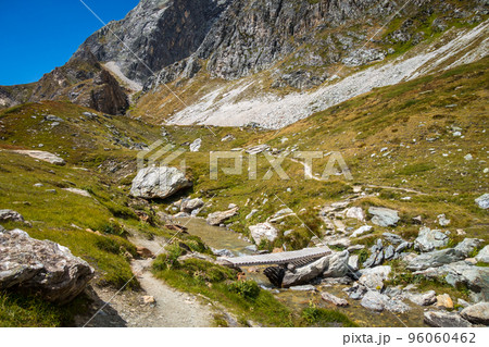 Mountain river and wood bridge in Vanoise national Park valley, French alps 96060462
