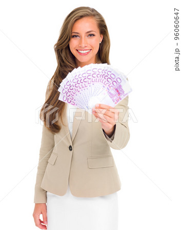 Yay for year-end bonuses. Studio shot of an attractive young businesswoman holding a large sum of money. Yay for year-end bonuses. Studio shot of an attractive young businesswoman holding a large sum of money. 96060647
