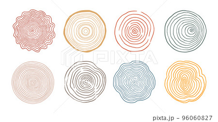 Tree ring wood circle set. Hand drawn tree ring pattern, line ripple circle wood texture. Wood organic slice line design. Vector 96060827