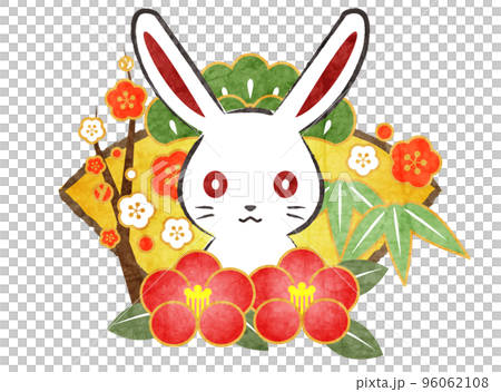 New Year's card icon of Shochiku, Plum and Camellia on the front white rabbit and fan 96062108