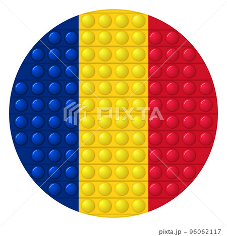 Glass light ball with flag of Romania. Round sphere, template icon. Romanian national symbol. Glossy realistic ball, 3D vector illustration. Trendy antistress game pop it, simple dimple. Big bubble 96062117