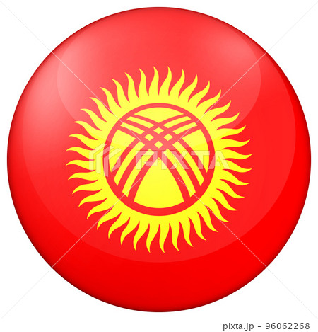 Round icon with flag of Kyrgyzstan. Glass light ball, sticker, sphere. Kyrgyz national symbol. Glossy realistic ball, 3D abstract vector illustration. Template big bubble 96062268