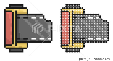 Pixel icon. Cylinder with old 35 mm photo film. World Photography Day August 19th. Simple retro game vector isolated on white background 96062329