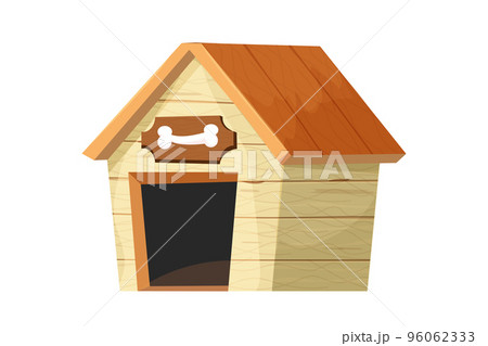 Funny doghouse, wooden kennel in cartoon style isolated on white background. Comic childish construction with roof and bowl with bone 96062333