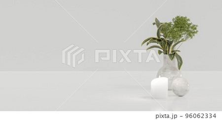 white empty blank background with vase, plants and candle 3d render illustration 96062334