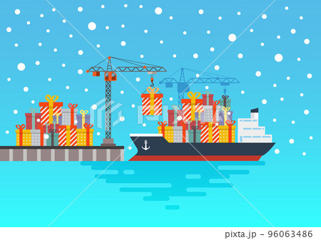 Container cargo ship with gift present boxes at harbour port Container cargo ship with gift present boxes at harbour port 96063486