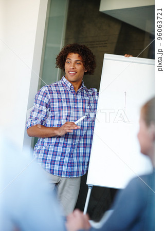 Putting his corporate strategy forward. Casual young businessman giving a presentation using a whiteboard. 96063721