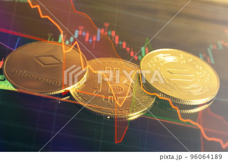 Candle stick graph chart and digital background.Golden coin with icon letter bitcoin, ethereum, Solana or blockchain technology 96064189