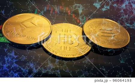 Candle stick graph chart and digital background.Golden coin with icon letter bitcoin, ethereum, Solana or blockchain technology 96064193