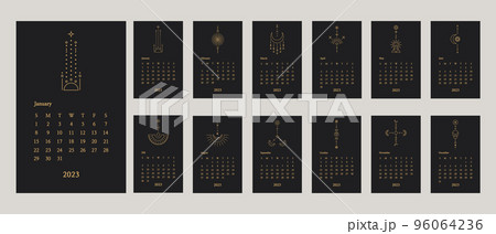 2023 Calendar. Calendar 2023 template with line art elements. Week starts on sunday. Vector illustration. 96064236