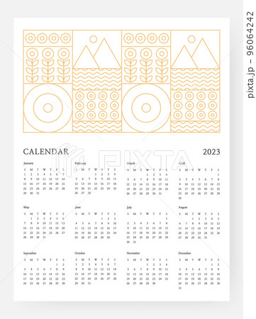 Calendar 2023 template with geometric art deco. 2023 Calendar Week starts on sunday. Vector illustration. Calendar 2023 template with geometric art deco. 2023 Calendar Week starts on sunday. Vector illustration. 96064242