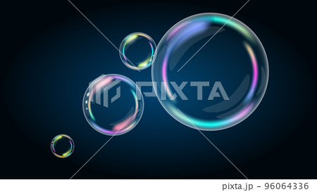 Rainbow soap bubbles on a dark background with copy space. Large and small air bubbles. Vector EPS10. 96064336