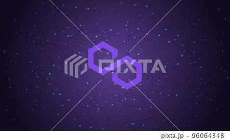 Polygon MATIC token symbol cryptocurrency theme on purple polygonal background. Cryptocurrency coin logo icon. Vector illustration. 96064348