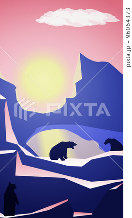 Polygonal mountain landscape with bears on the lake at sunset. Bears sit and one stand on their hind legs. Pink sky with a yellow sun. Vector vertical illustration. Polygonal mountain landscape with bears on the lake at sunset. Bears sit and one stand on their hind legs. Pink sky with a yellow sun. Vector vertical illustration. 96064373