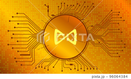 Axie Infinity AXS cryptocurrency token symbol in circle with PCB tracks on gold background. Digital currency coin icon in techno style for website or banner. Vector illustration. 96064384