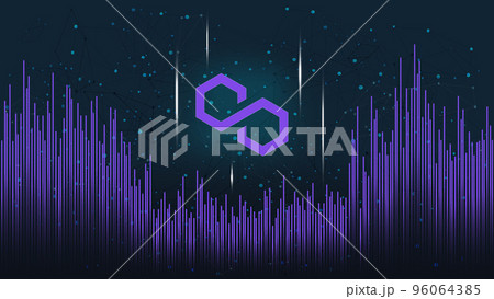 Polygon MATIC token symbol on dark polygonal background with wave of lines. Cryptocurrency coin logo icon. Vector illustration. 96064385