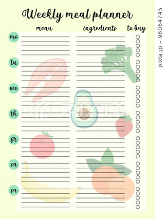 Weekly meal planner printable page. Vector template of daily cooking plan and shopping list. Illustration with food on background 96064745