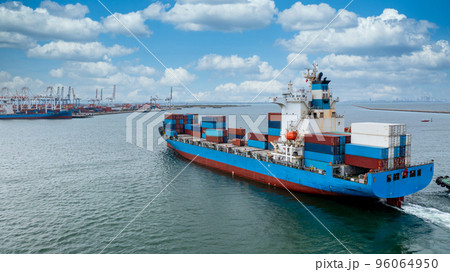 Container cargo ship arrive commercial deep seaport, Global business import export commerce trade logistic transportation International container cargo ship boat in open sea, Freight shipping maritime 96064950