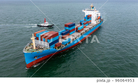 Container cargo ship arrive commercial deep seaport, Global business import export commerce trade logistic transportation International container cargo ship boat in open sea, Freight shipping maritime 96064953