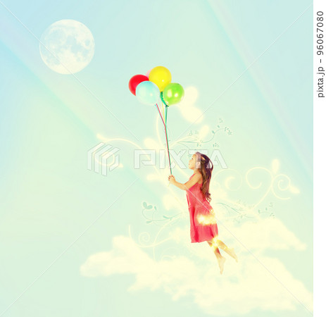 Floating away. A young girl being lifted in the air by a bunch of colorful balloons. 96067080