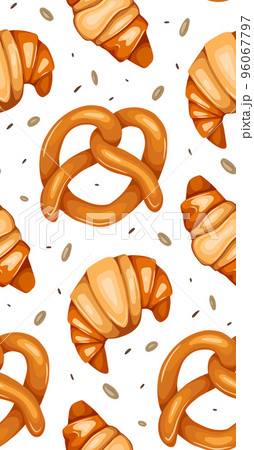 Seamless pattern with pretzels and croissants on white background. Backdrop with buns. Vector texture with German and French bakery 96067797