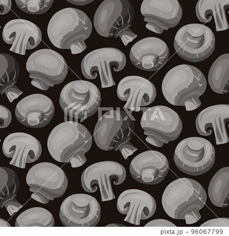 Seamless monochrome pattern of flat hand drawn champignon mushrooms on gray background. Healthy vegetarian food. 96067799