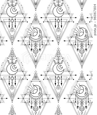 Mystical geometric pattern. Vector texture with occult symbols with stars and crescent. Sacral contour monochrome background 96067804