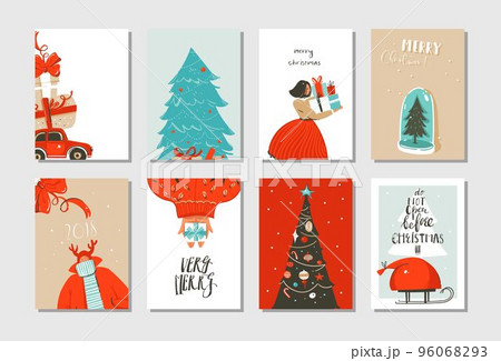 Hand drawn vector abstract fun Merry Christmas time cartoon cards collection set with cute illustrations,surprise gift boxes ,Christmas tree and modern calligraphy isolated on white background 96068293