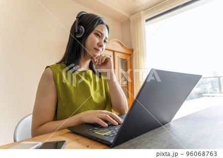 自宅で仕事をする困った表情の若い女性　ヘッドセット 96068763