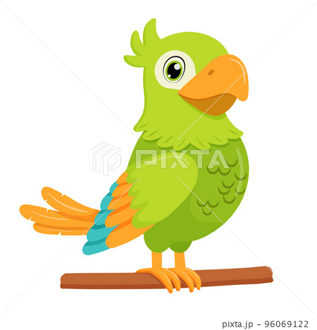 Green parrot bird standing on branch. Flat cartoon character isolated on white. Green parrot bird standing on branch. Flat cartoon character isolated on white. 96069122