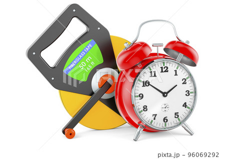 Metric-inch Fiberglass Long Tape Model with alarm clock, 3D rendering Metric-inch Fiberglass Long Tape Model with alarm clock, 3D rendering 96069292